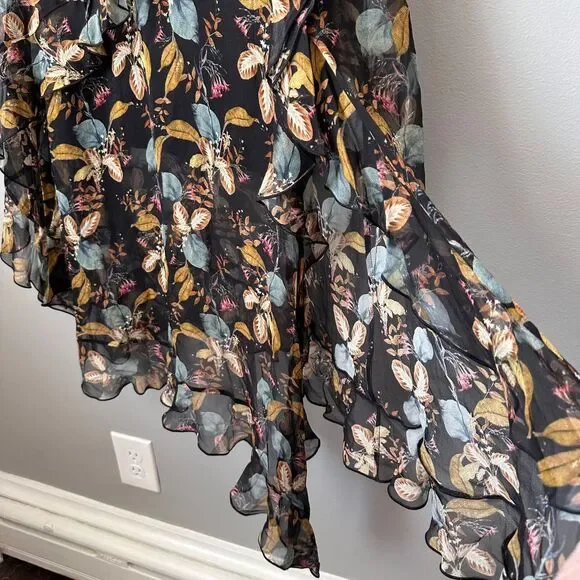 Nicholas Midi Dress US 6 Black Silk Romantic Asymmetric Floral Fairy Whimsygoth - Picture 3 of 10